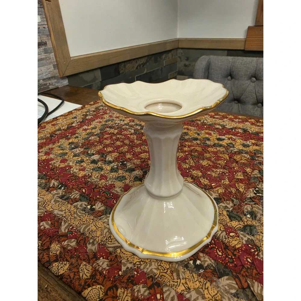 Lenox Symphony Ivory China Candlestick Holder Gold Trim Scalloped Made in USA 5